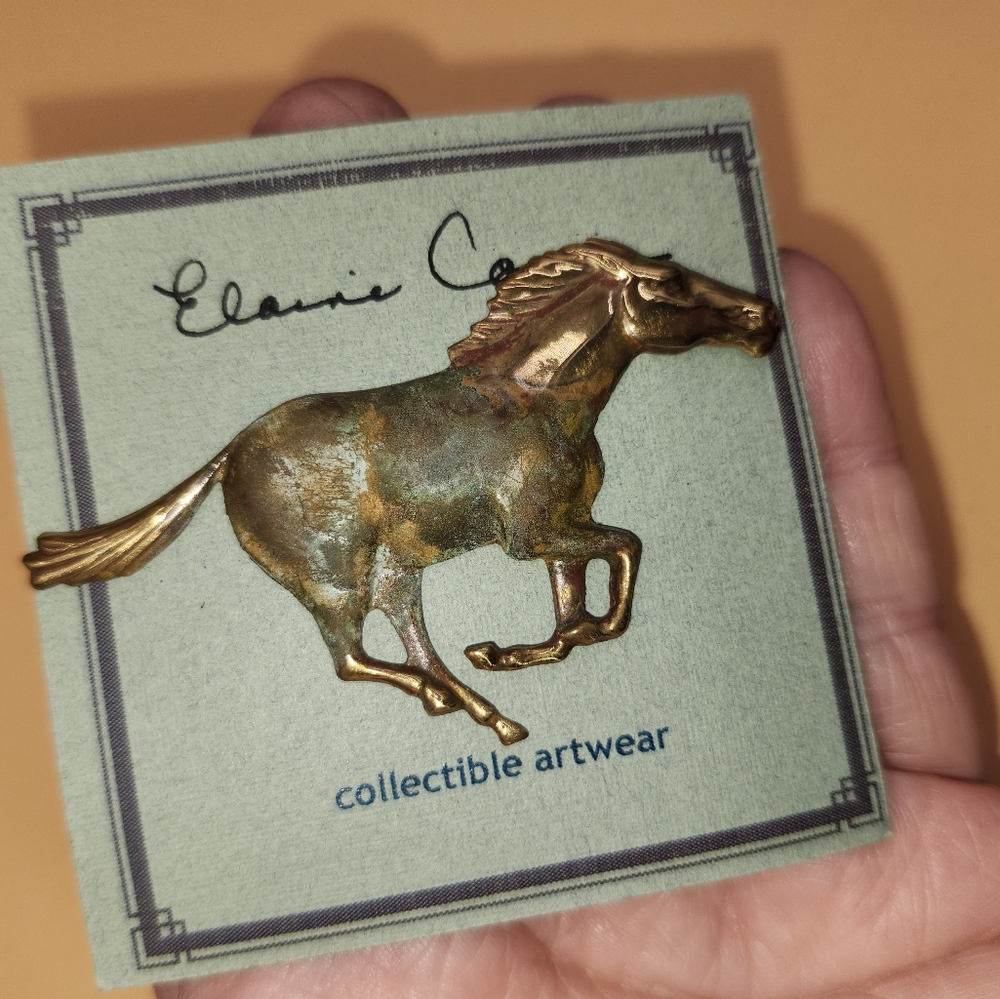 NEW Signed Elaine Coyne olive patina Brass Galloping Horse Brooch Pin